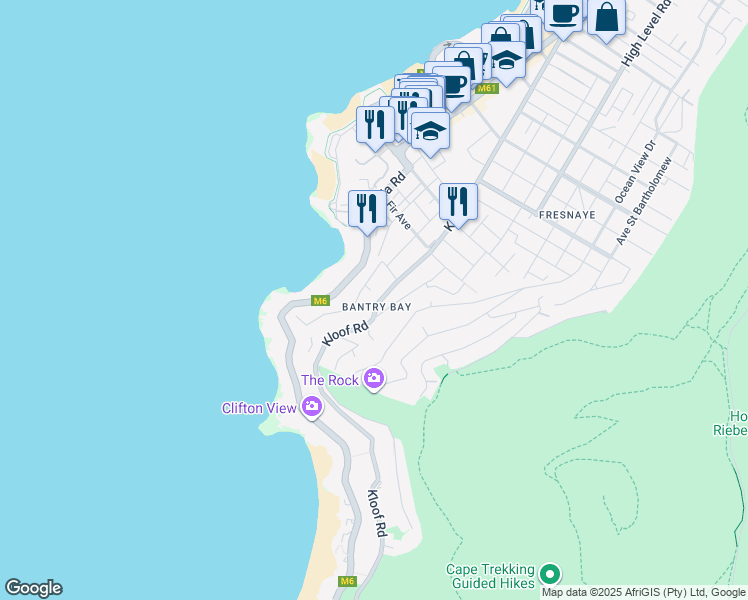 map of restaurants, bars, coffee shops, grocery stores, and more near 158 Kloof Road in Cape Town