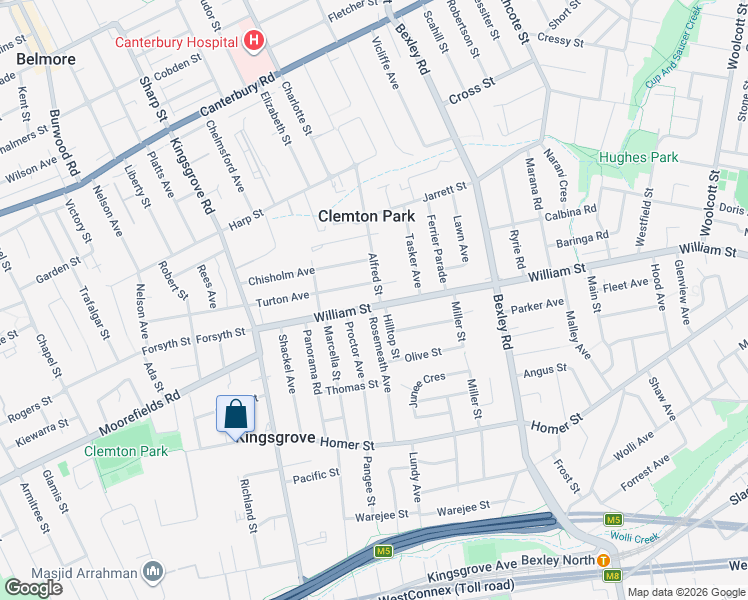 map of restaurants, bars, coffee shops, grocery stores, and more near 291 William Street in Kingsgrove