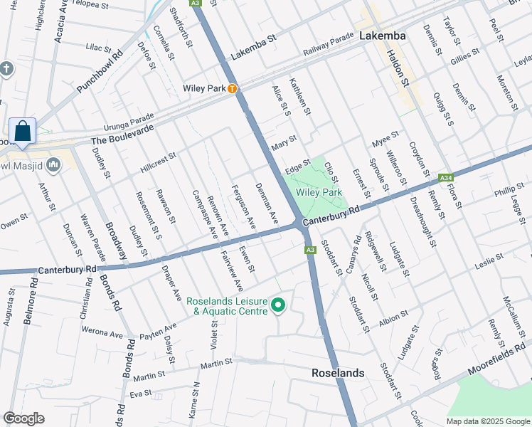 map of restaurants, bars, coffee shops, grocery stores, and more near 71 Denman Avenue in Wiley Park
