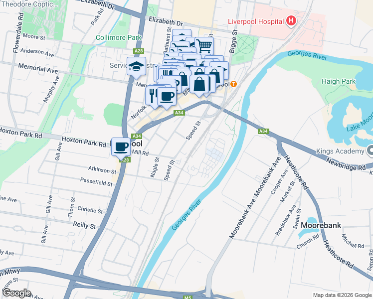 map of restaurants, bars, coffee shops, grocery stores, and more near 56 Speed Street in Liverpool
