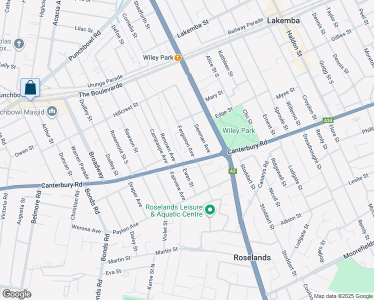 map of restaurants, bars, coffee shops, grocery stores, and more near 65 Ferguson Avenue in Wiley Park