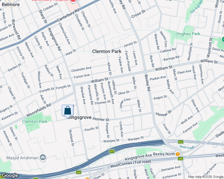 map of restaurants, bars, coffee shops, grocery stores, and more near 18 Rosemeath Avenue in Kingsgrove