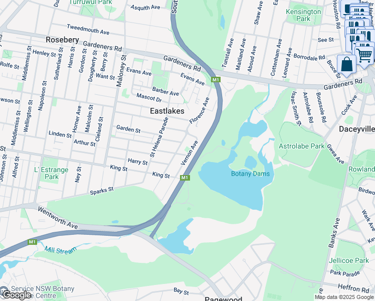 map of restaurants, bars, coffee shops, grocery stores, and more near 15-19 Vernon Avenue in Eastlakes