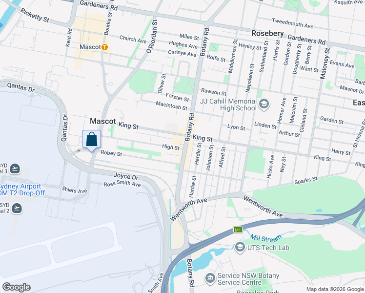 map of restaurants, bars, coffee shops, grocery stores, and more near 946 Botany Road in Mascot