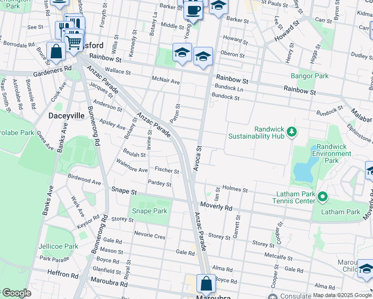 map of restaurants, bars, coffee shops, grocery stores, and more near 706 Anzac Parade in Kingsford