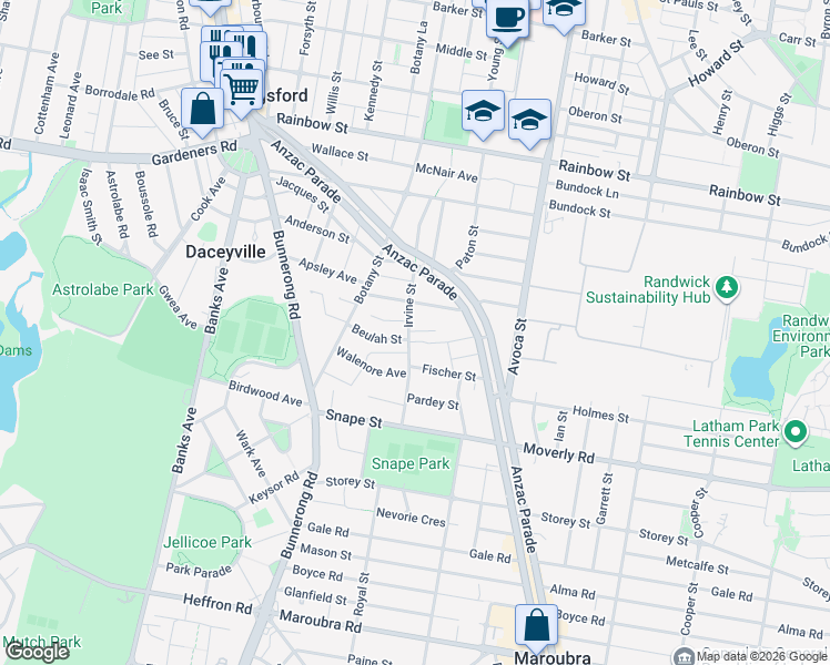 map of restaurants, bars, coffee shops, grocery stores, and more near 25 Irvine Street in Kingsford