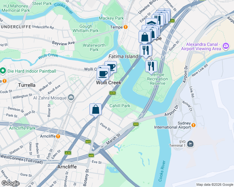map of restaurants, bars, coffee shops, grocery stores, and more near 2 Princes Highway in Wolli Creek