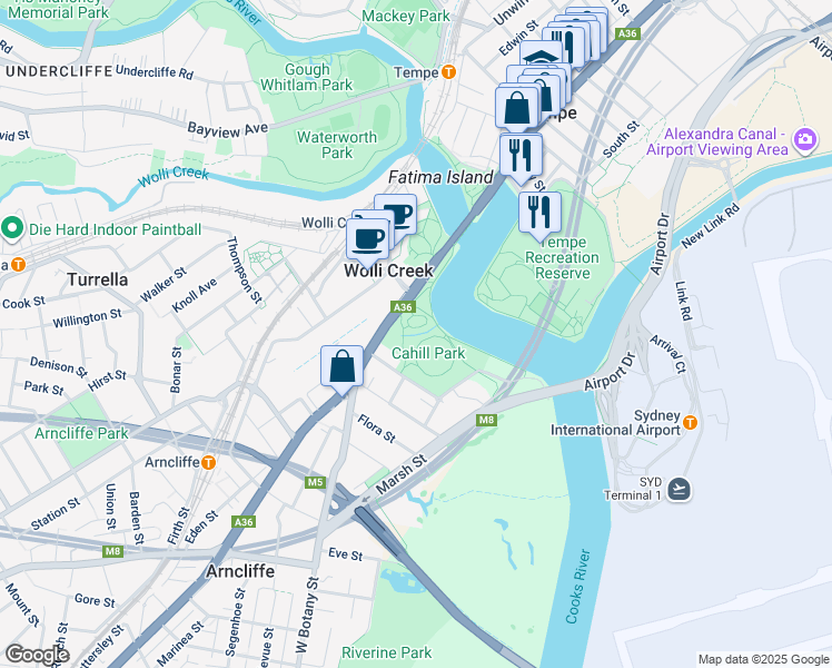 map of restaurants, bars, coffee shops, grocery stores, and more near 2 Princes Highway in Wolli Creek