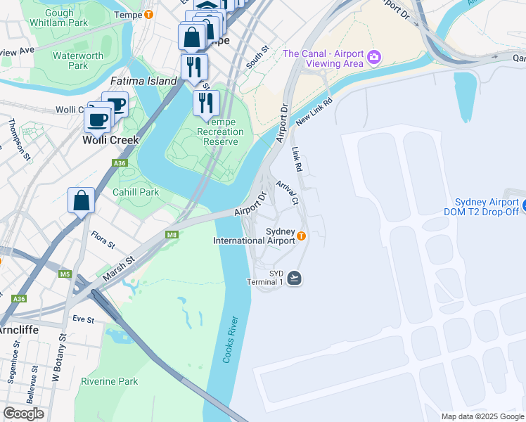 map of restaurants, bars, coffee shops, grocery stores, and more near 10 Cooks River Avenue in Sydney International Airport
