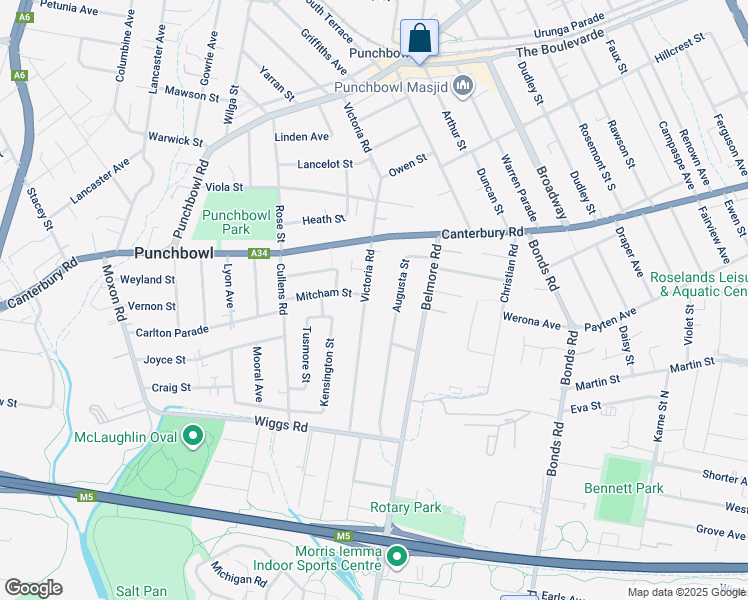 map of restaurants, bars, coffee shops, grocery stores, and more near 112 Victoria Road in Punchbowl