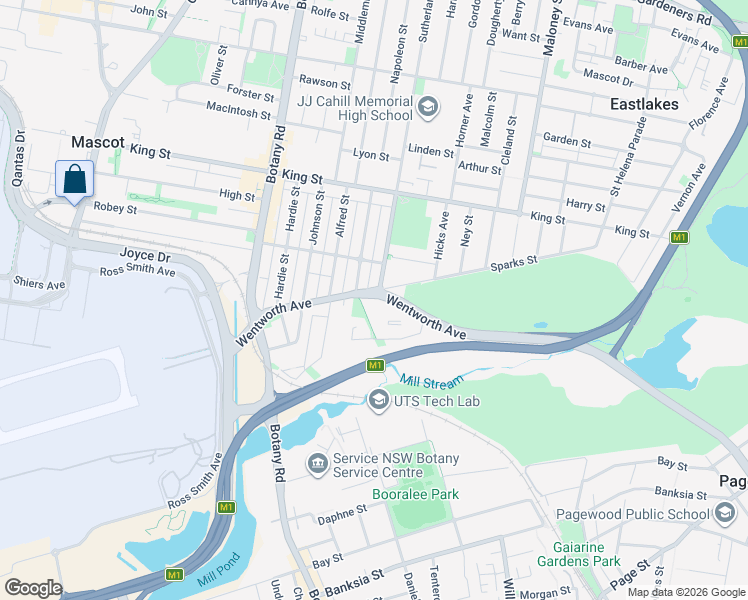 map of restaurants, bars, coffee shops, grocery stores, and more near 66 Wentworth Avenue in Mascot