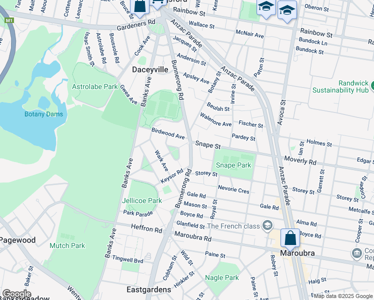 map of restaurants, bars, coffee shops, grocery stores, and more near 46 Bunnerong Road in Pagewood