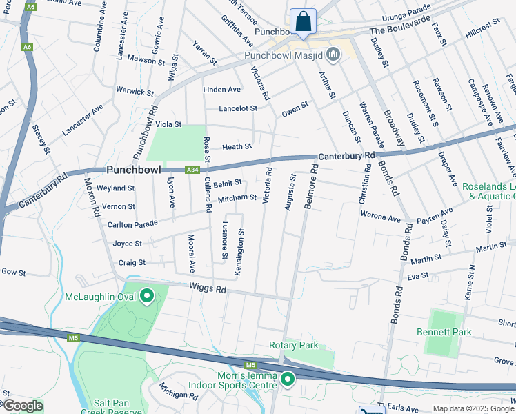 map of restaurants, bars, coffee shops, grocery stores, and more near 121 Victoria Road in Punchbowl