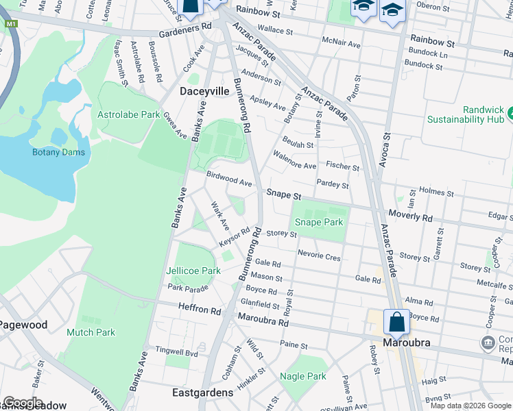 map of restaurants, bars, coffee shops, grocery stores, and more near 48 Bunnerong Road in Pagewood