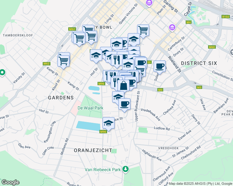 map of restaurants, bars, coffee shops, grocery stores, and more near 8 Breda Street in Cape Town