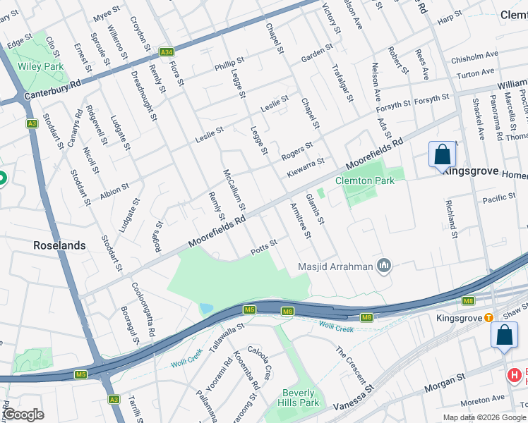 map of restaurants, bars, coffee shops, grocery stores, and more near 138 Moorefields Road in Kingsgrove