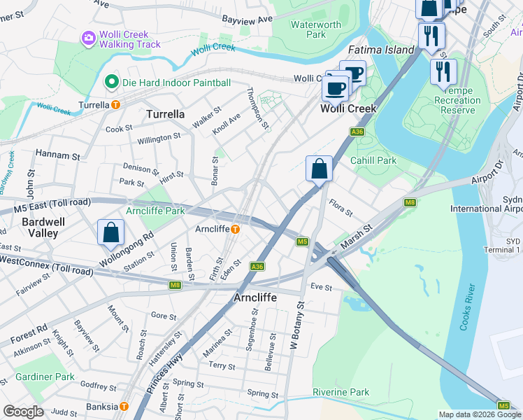 map of restaurants, bars, coffee shops, grocery stores, and more near 32 Ann Street in Wolli Creek