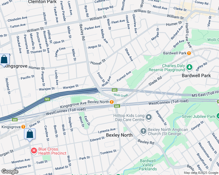 map of restaurants, bars, coffee shops, grocery stores, and more near 3 Johnston Street in Earlwood