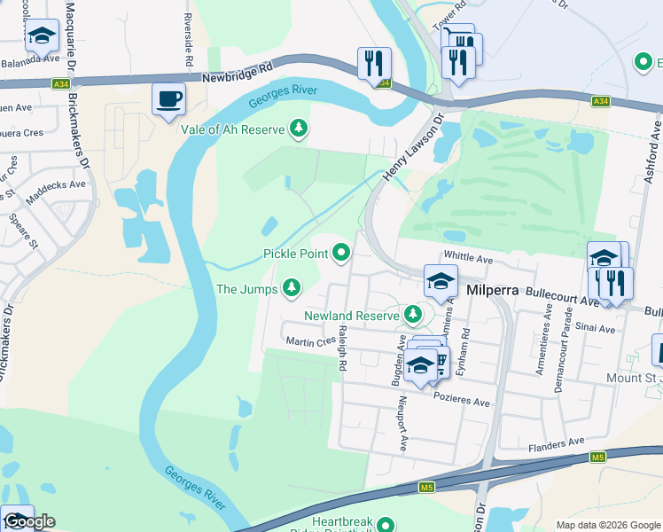 map of restaurants, bars, coffee shops, grocery stores, and more near 101 Raleigh Road in Milperra