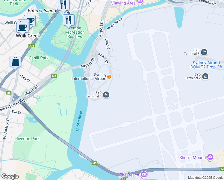 map of restaurants, bars, coffee shops, grocery stores, and more near Departure Plaza in Mascot