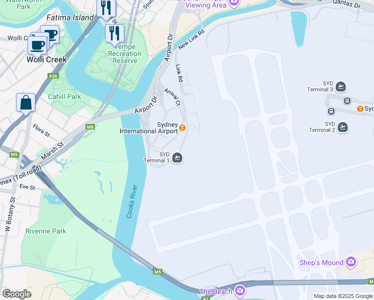 map of restaurants, bars, coffee shops, grocery stores, and more near Departure Plaza in Mascot