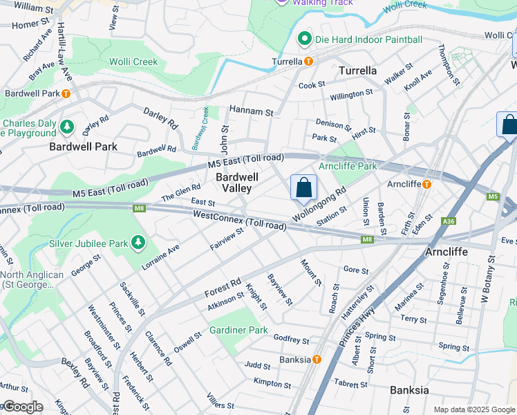 map of restaurants, bars, coffee shops, grocery stores, and more near 20 Athelstane Avenue in Arncliffe