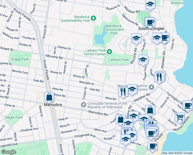 map of restaurants, bars, coffee shops, grocery stores, and more near 216 Storey Street in Maroubra