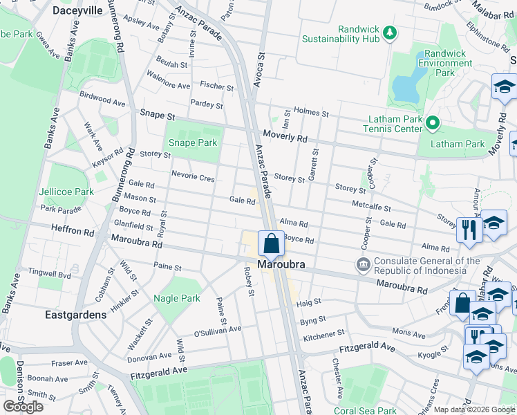map of restaurants, bars, coffee shops, grocery stores, and more near 679 Anzac Parade in Maroubra