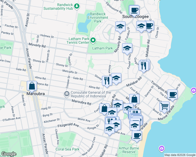 map of restaurants, bars, coffee shops, grocery stores, and more near 259 Storey Street in Maroubra