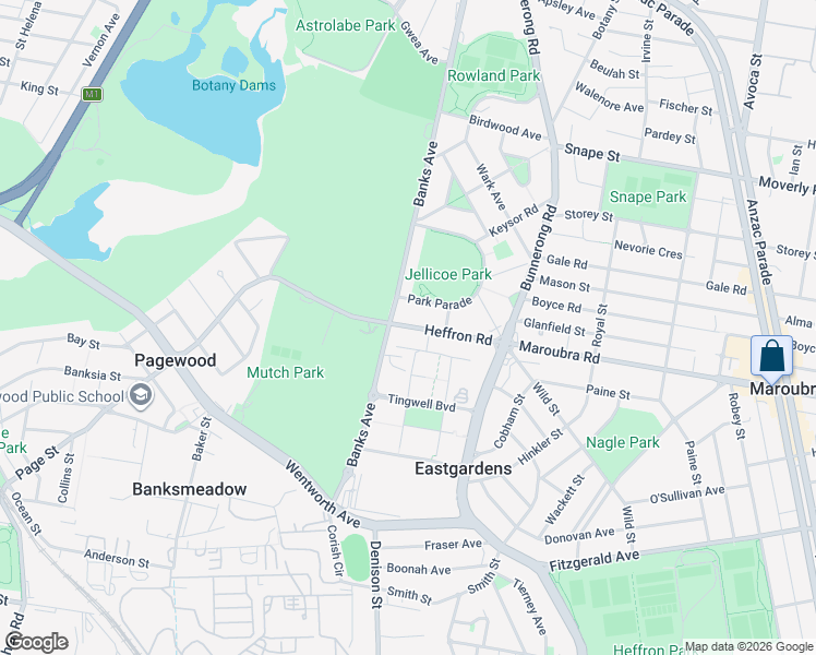 map of restaurants, bars, coffee shops, grocery stores, and more near 18 Heffron Road in Eastgardens