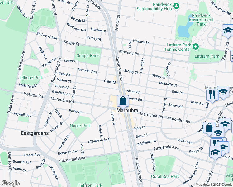 map of restaurants, bars, coffee shops, grocery stores, and more near 96-98 Mason Street in Maroubra
