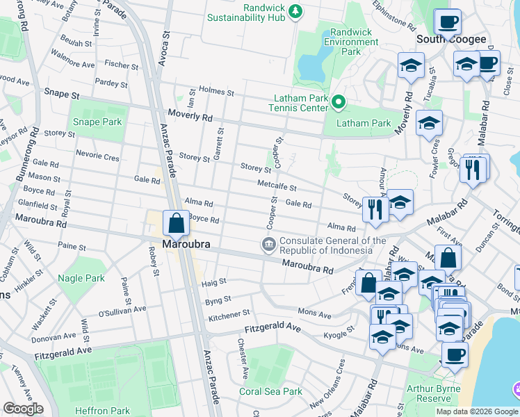 map of restaurants, bars, coffee shops, grocery stores, and more near 64 Alma Road in Maroubra