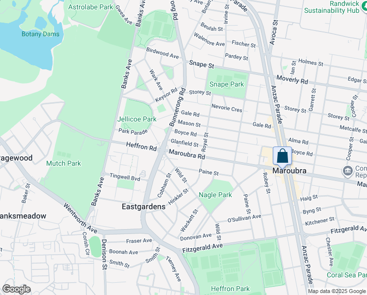 map of restaurants, bars, coffee shops, grocery stores, and more near 20 Maroubra Road in Maroubra