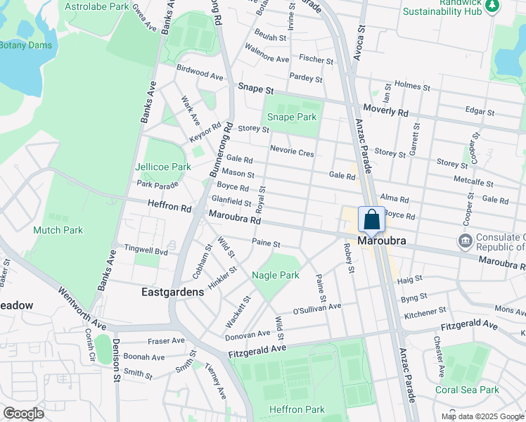 map of restaurants, bars, coffee shops, grocery stores, and more near 63 Royal Street in Maroubra