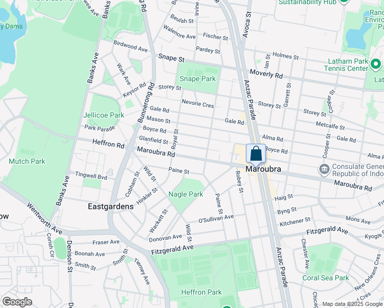 map of restaurants, bars, coffee shops, grocery stores, and more near 76 Maroubra Road in Maroubra