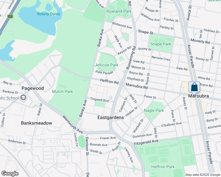 map of restaurants, bars, coffee shops, grocery stores, and more near 128 Bunnerong Road in Eastgardens