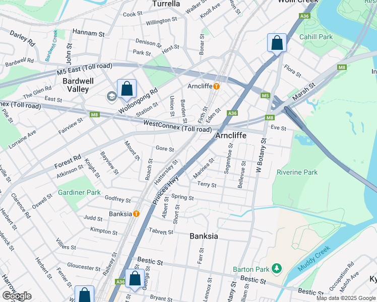 map of restaurants, bars, coffee shops, grocery stores, and more near 213 Princes Highway in Arncliffe
