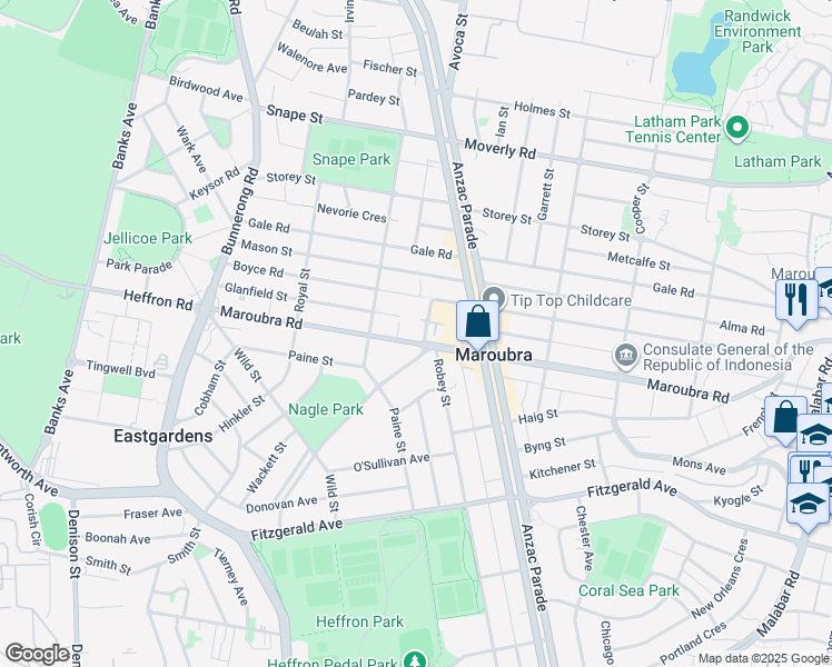 map of restaurants, bars, coffee shops, grocery stores, and more near 116-132 Maroubra Road in Maroubra