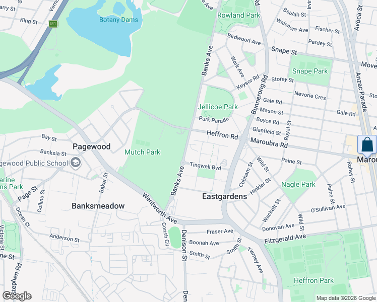 map of restaurants, bars, coffee shops, grocery stores, and more near 124 Banks Avenue in Pagewood