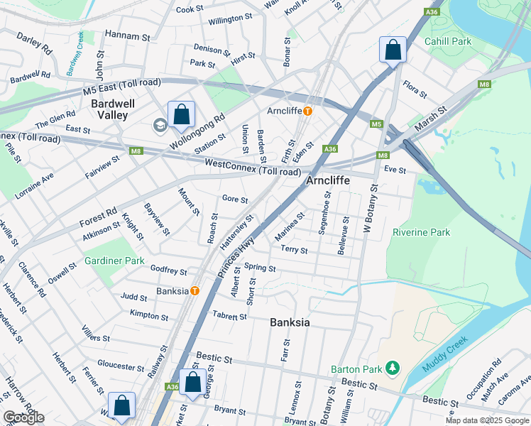 map of restaurants, bars, coffee shops, grocery stores, and more near 213 Princes Highway in Arncliffe