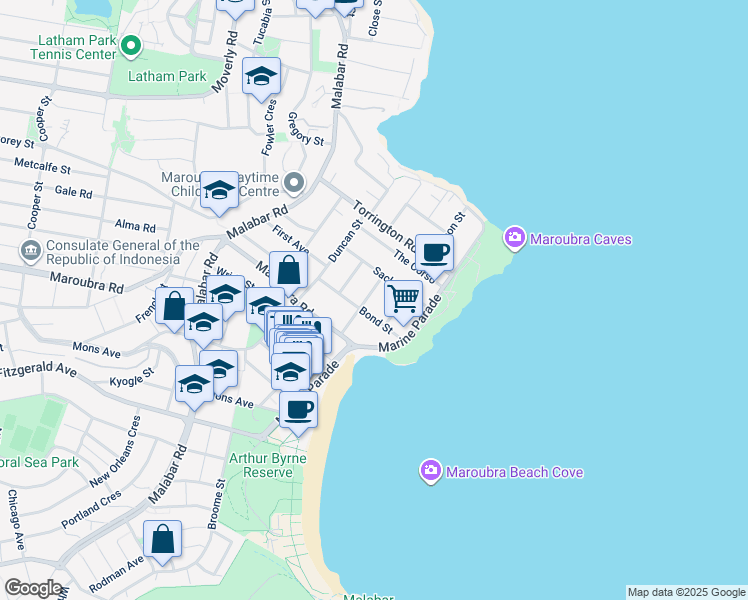 map of restaurants, bars, coffee shops, grocery stores, and more near 15 Bona Vista Avenue in Maroubra