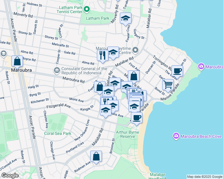 map of restaurants, bars, coffee shops, grocery stores, and more near 425 Malabar Road in Maroubra