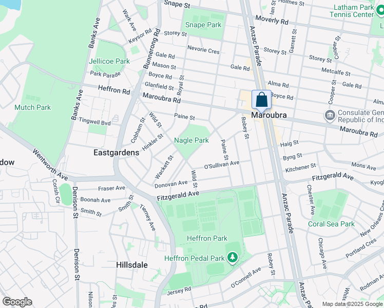 map of restaurants, bars, coffee shops, grocery stores, and more near Walsh Avenue in Maroubra