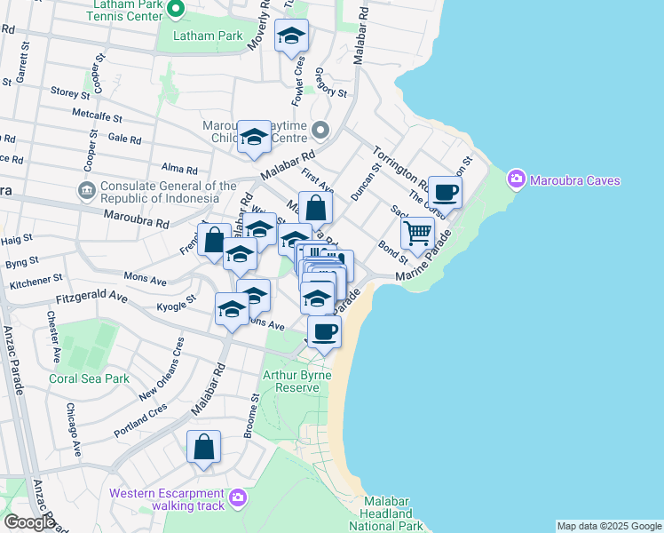 map of restaurants, bars, coffee shops, grocery stores, and more near 9 Hereward Street in Maroubra
