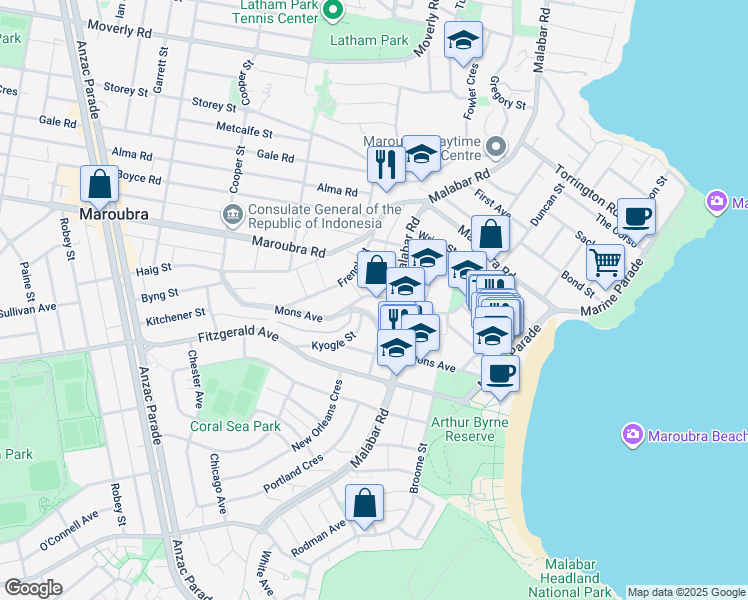 map of restaurants, bars, coffee shops, grocery stores, and more near 153 Duncan Street in Maroubra