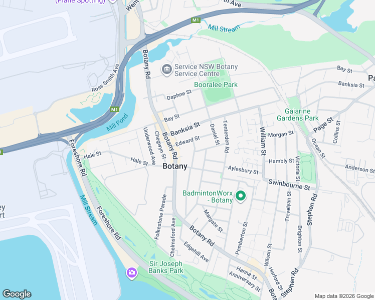 map of restaurants, bars, coffee shops, grocery stores, and more near 27 Dover Road in Botany