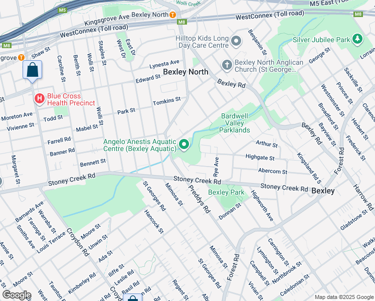 map of restaurants, bars, coffee shops, grocery stores, and more near 98C Preddys Road in Bexley North