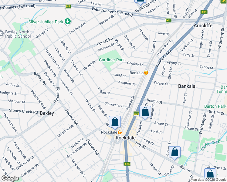 map of restaurants, bars, coffee shops, grocery stores, and more near 41-43 Villiers Street in Rockdale