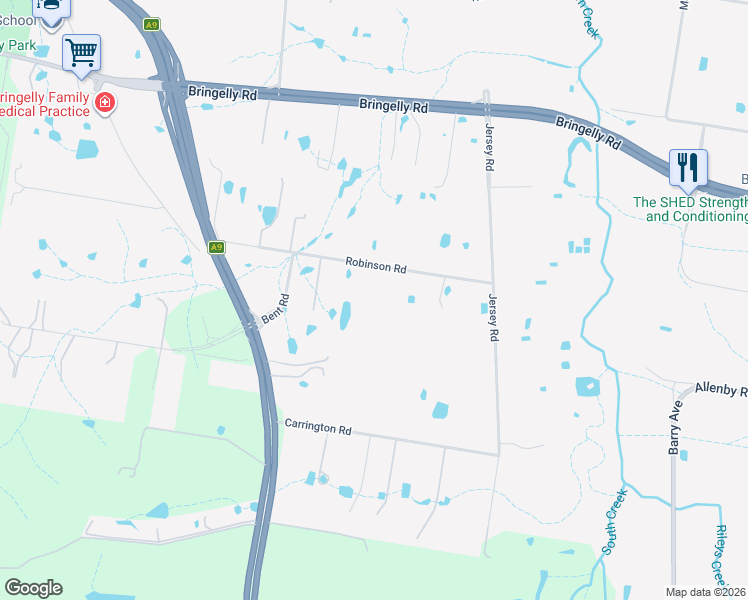 map of restaurants, bars, coffee shops, grocery stores, and more near 80 Robinson Road in Bringelly