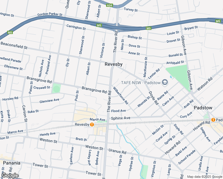 map of restaurants, bars, coffee shops, grocery stores, and more near 111 The River Road in Revesby